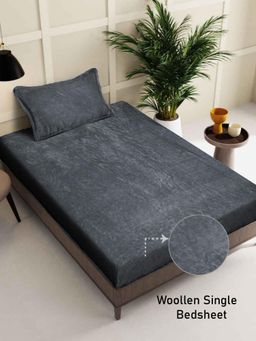 FABINALIV - Grey Solid Wollen Single Bedsheet with Pillow Cover