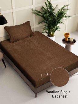 FABINALIV - Brown Solid Wollen Single Bedsheet with Pillow Cover