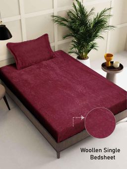 FABINALIV - Red Solid Wollen Single Bedsheet with Pillow Cover