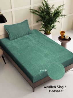 FABINALIV - Green Solid Wollen Single Bedsheet with Pillow Cover