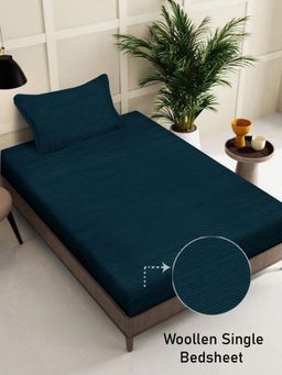 FABINALIV - Teal Geometric Wollen Single Bedsheet with Pillow Cover (Pack of 2) (Single)