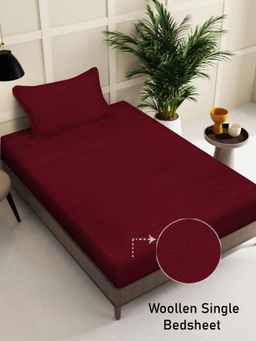 FABINALIV - Red Solid Wollen Single Bedsheet with Pillow Cover (Pack of 2) (Single)