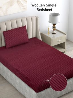 FABINALIV - Maroon Solid Wollen Single Bedsheet with Pillow Cover (Pack of 2) (Single)