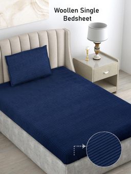 FABINALIV - Navy Blue Geometric Wollen Single Bedsheet with Pillow Cover