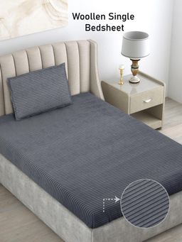 FABINALIV - Grey Solid Wollen Single Bedsheet with Pillow Cover