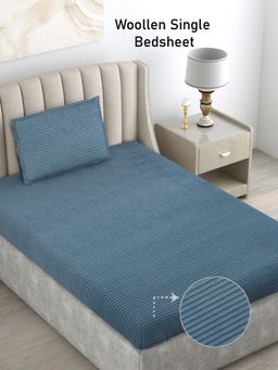 FABINALIV - Blue Geometric Wollen Single Bedsheet with Pillow Cover (Pack of 2) (Single)