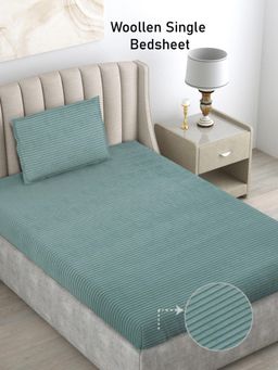 FABINALIV - Green Solid Wollen Single Bedsheet with Pillow Cover (Pack of 2) (Single)