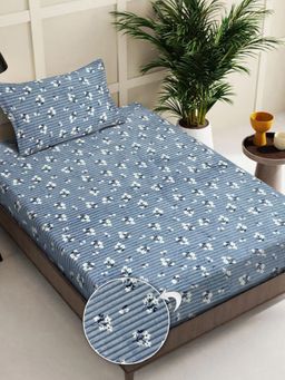 FABINALIV - Blue Floral Wollen Single Bedsheet with Pillow Cover