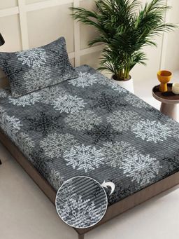 FABINALIV - Grey Floral Wollen Single Bedsheet with Pillow Cover