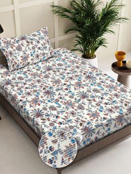 FABINALIV - Off White Floral Wollen Single Bedsheet with Pillow Cover