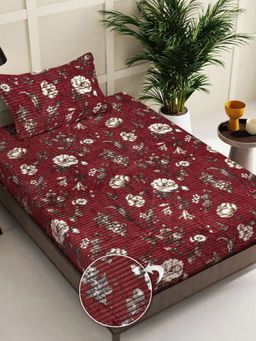 FABINALIV - Red Floral Wollen Single Bedsheet with Pillow Cover (Pack of 2) (Single)
