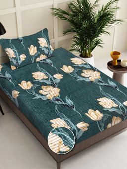 FABINALIV - Green Floral Wollen Single Bedsheet with Pillow Cover (Pack of 2) (Single)