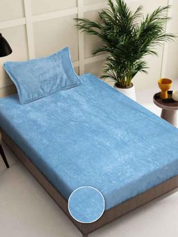 FABINALIV - Blue Solid Wollen Single Bedsheet with Pillow Cover