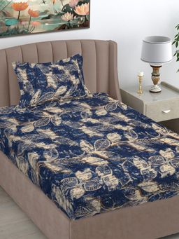 FABINALIV - Blue Floral Wollen Single Bedsheet with Pillow Cover (Pack of 2) (Single)