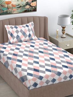 FABINALIV - Pink Geometric Wollen Single Bedsheet with Pillow Cover