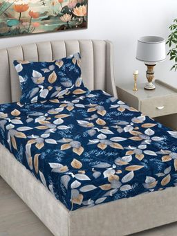 FABINALIV - Blue Floral Wollen Single Bedsheet with Pillow Cover