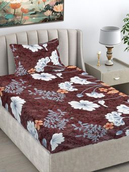 FABINALIV - Brown Floral Wollen Single Bedsheet with Pillow Cover (Pack of 2) (Single)