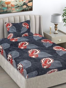 FABINALIV - Grey Floral Wollen Single Bedsheet with Pillow Cover