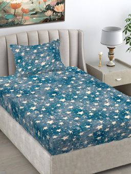 FABINALIV - Turquoise Abstract Wollen Single Bedsheet with Pillow Cover