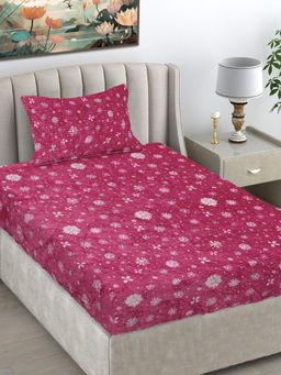 FABINALIV - Red Floral Wollen Single Bedsheet with Pillow Cover