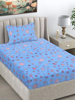 FABINALIV - Blue Floral Wollen Single Bedsheet with Pillow Cover