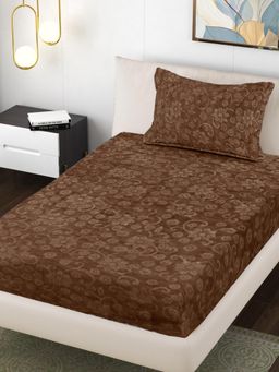 FABINALIV - Brown Floral Wollen Single Bedsheet with Pillow Cover