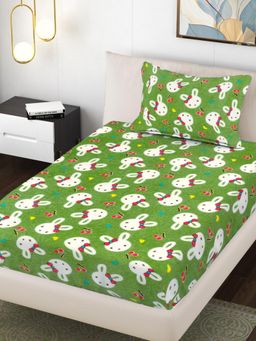 FABINALIV - Green Graphic Wollen Single Bedsheet with Pillow Cover (Pack of 2) (Single)
