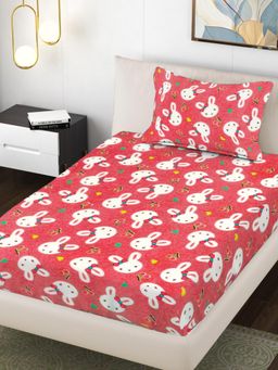 FABINALIV - Red Graphic Wollen Single Bedsheet with Pillow Cover (Pack of 2) (Single)