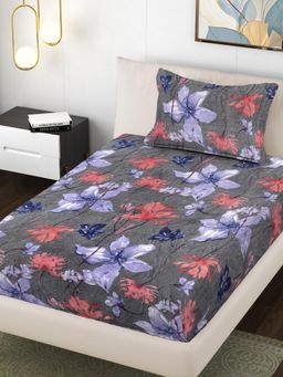 FABINALIV - Grey Floral Wollen Single Bedsheet with Pillow Cover