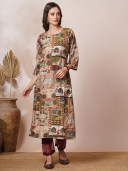 FASHOR - Multi-Color Pichwai Printed and Kantha Embroidered Straight Fit Kurta
