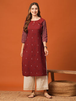 FASHOR - Red Ethnic Ikat Printed Straight Fit Kurta