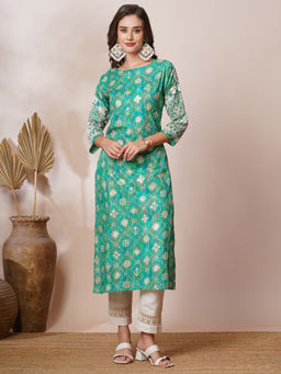 FASHOR - Multi-Color Chikankari Embroidered Ethnic Foil Printed Straight Fit Kurta