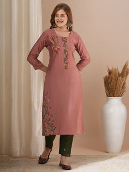 FASHOR - Mauve Floral Hand Embroidered Straight Fit Kurta