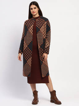 Madame - Brown Self Design Dress with Shrug (Set of 2)