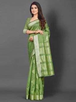 Akhilam - Women Linen Green Woven Design Celebrity Saree with Unstitched Blouse