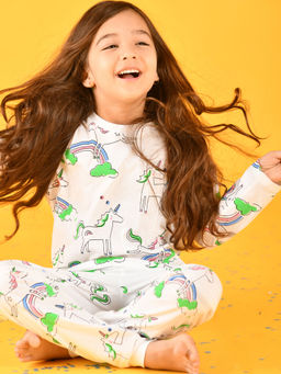 ANTHRILO - Unicorn Long Sleeves 100% Cotton Girls Pyjama - White (Set of 2)