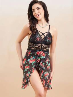 G Heist - Sheer Floral Print Nightwear Baby Doll with Panty Lingerie for Women