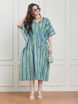 G Heist - Women Striped Pure Cotton Kaftan Nightdress Multi-Color
