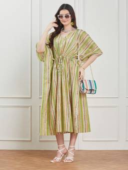 G Heist - Women Striped Pure Cotton Kaftan Nightdress Multi-Color