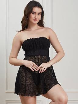 G Heist - Women Self Design Strapless Lace Baby Doll Black