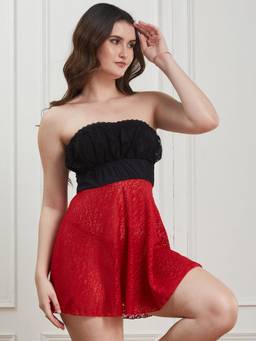G Heist - Women Self Design Strapless Lace Baby Doll Red
