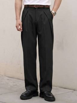 Perch - Black Solid Loose Fit Overpleat Korean Pant