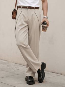 Perch - Cream Solid Loose Fit Overpleat Korean Pant