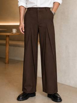 Perch - Brown Solid Loose Fit Mid-Pleat Korean Pant