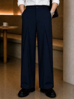Perch - Navy Blue Solid Loose Fit Mid-Pleat Korean Pant