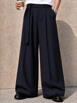 Perch - Navy Blue Solid Wide Leg Fit Belted Korean Pant
