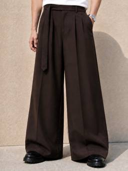 Perch - Brown Solid Wide Leg Fit Belted Korean Pant