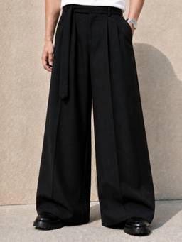 Perch - Black Solid Wide Leg Fit Belted Korean Pant