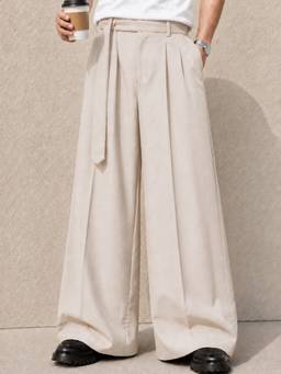 Perch - Cream Solid Wide Leg Fit Belted Korean Pant