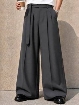 Perch - Dark Grey Solid Wide Leg Fit Belted Korean Pant